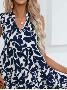 Anna-Kaci Navy White Leaf Print Dress XL Lightweight Flowy Tiered Sleeveless